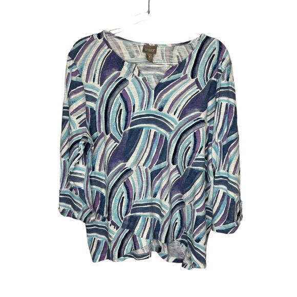 CHICOS Size 3 US XL Geometric Print‎ Cotton Knit Top 3/4 Length Roll Tab Sleeves - Picture 1 of 8